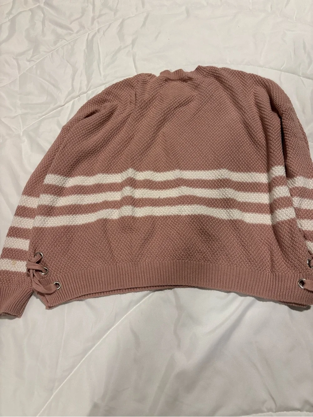Pink Republic Dusty Rose Crewneck Sweater with White Stripes and silver rings XL